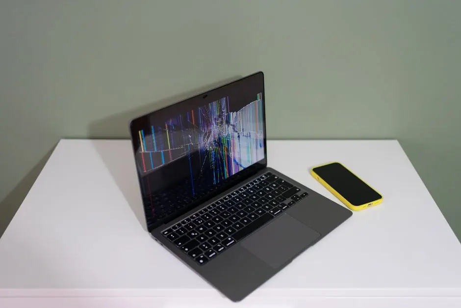 A damaged laptop screen with colorful lines and a yellow smartphone on a white desk.